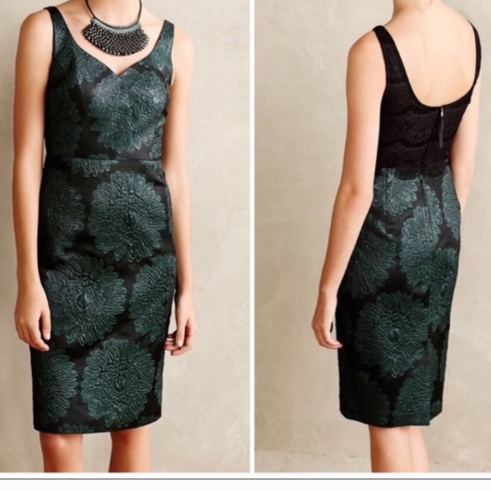 Leifsdottir Anthropologie Hidden Bloom sheath dress black metallic green floral
